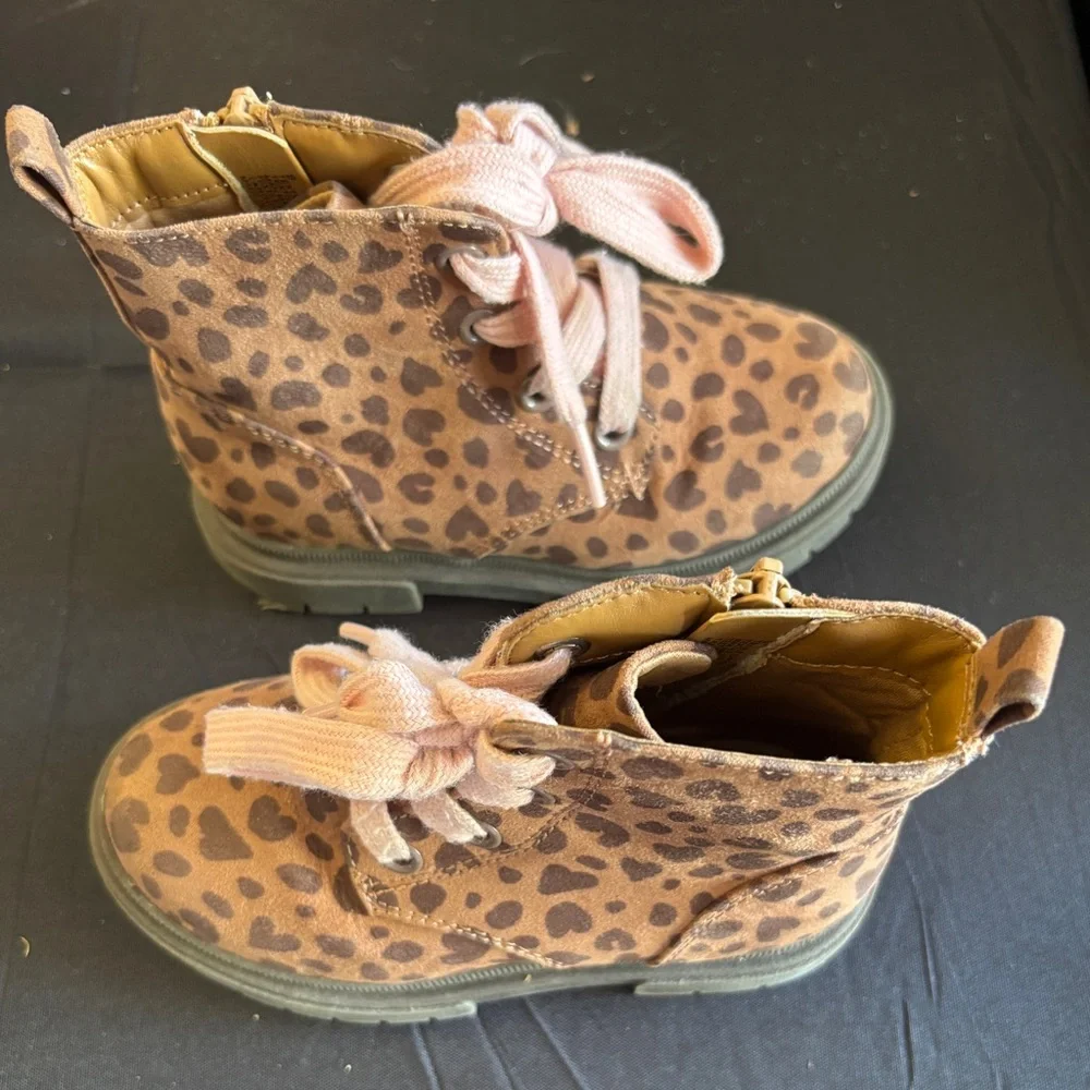 Cat & Jack Brown Leopard Print Kids Boots with Pink Laces Size 9 - Picture 4 of 10